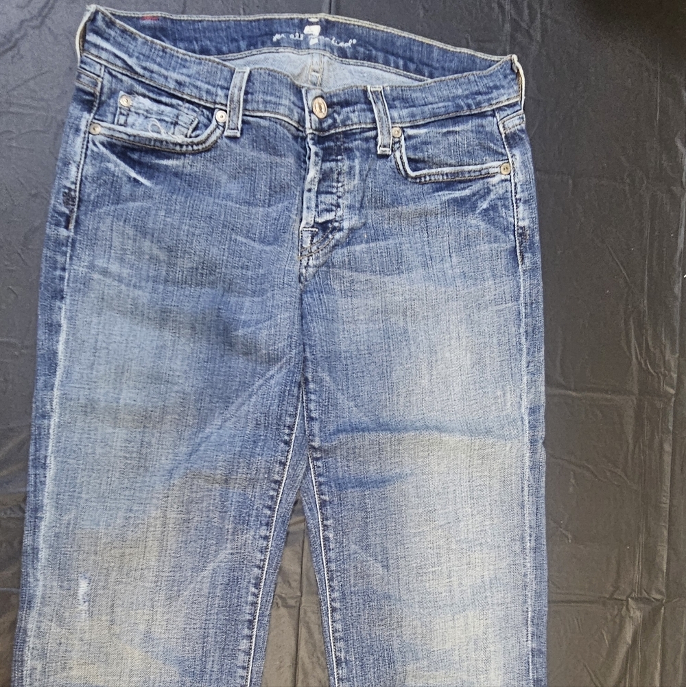 7 For All Mankind Distressed Blue Ankle Jeans